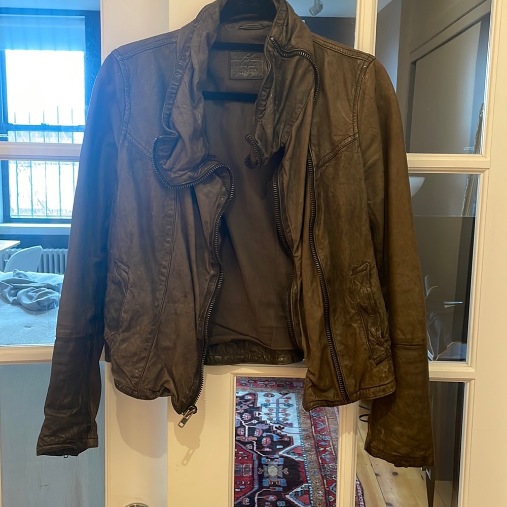 All saints women’s leather jacket. Size US 6. Grey/ moss color